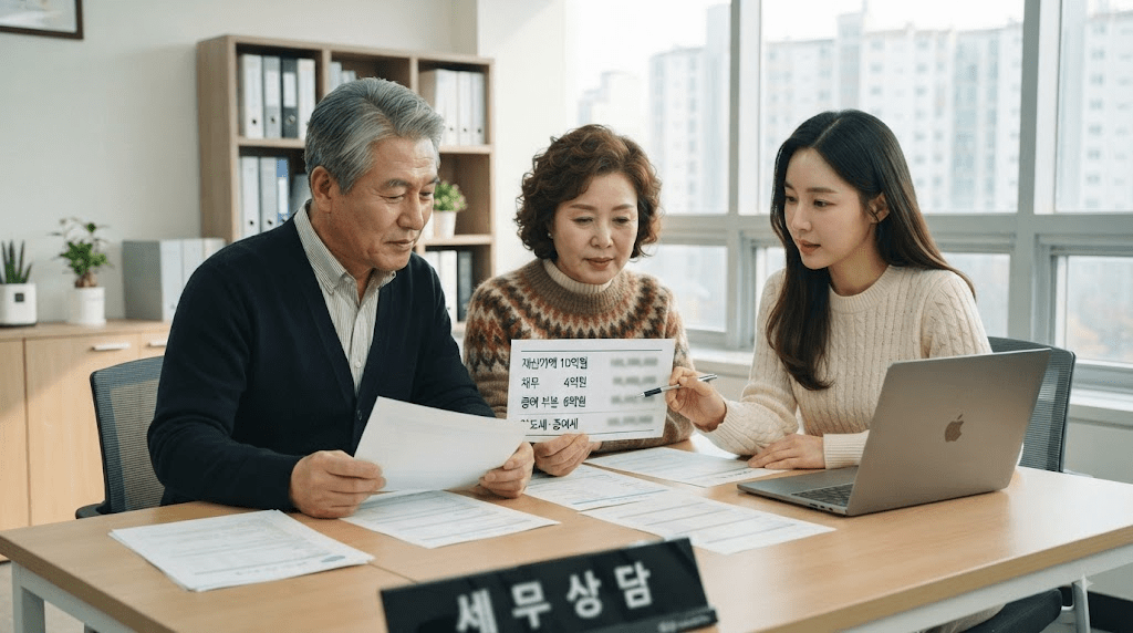 탁자에 모여 서류를 함께 확인하는 가족
