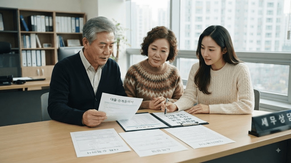 탁자에 모여 서류를 함께 확인하는 가족