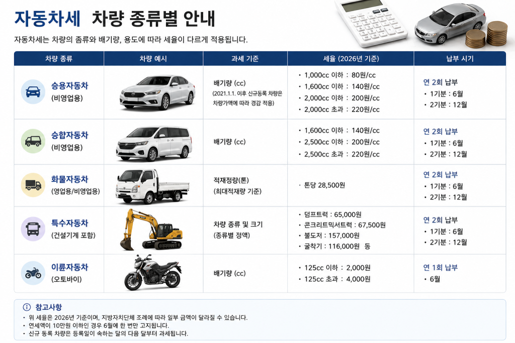 자동차세 차종별 안내 인포그래픽