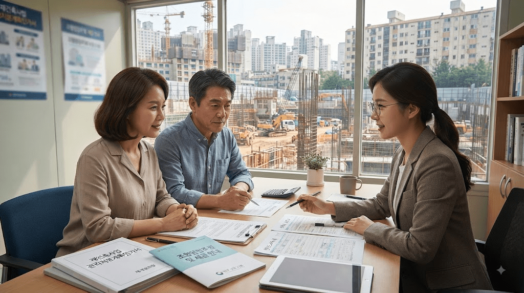 상담사와 신청 서류를 확인하는 부부