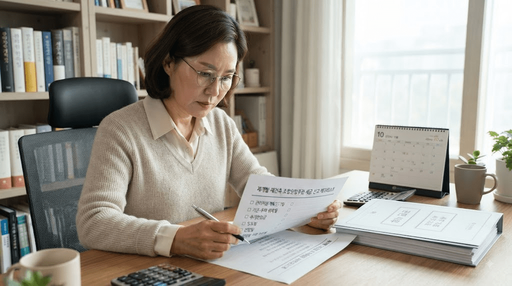 책상에 펼친 서류를 검토하는 여성