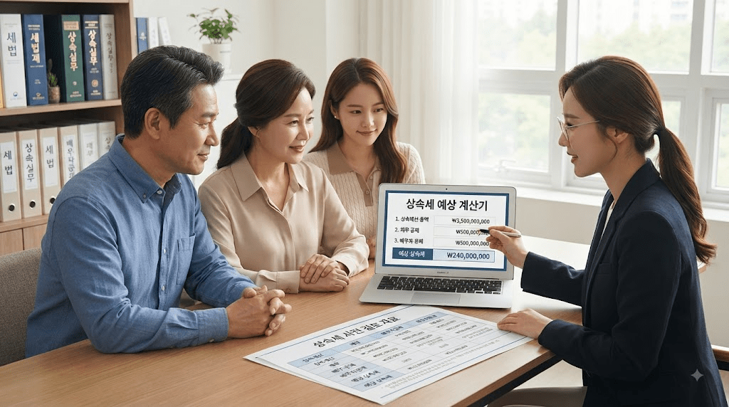 가족과 함께 창구에서 상담하는 사람들