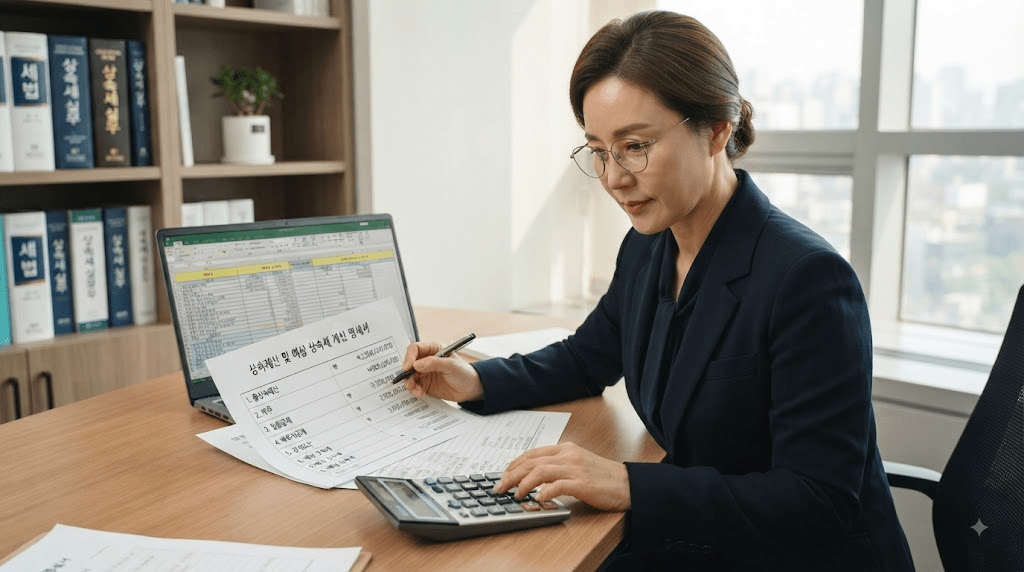 노트북 화면과 서류를 확인하는 여성