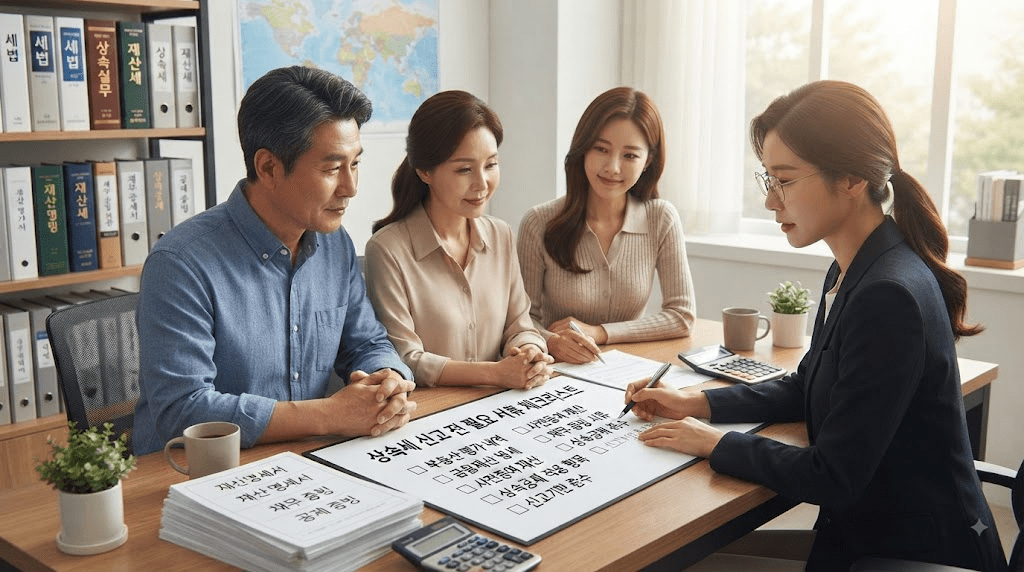 가족과 함께 창구에서 상담하는 사람들