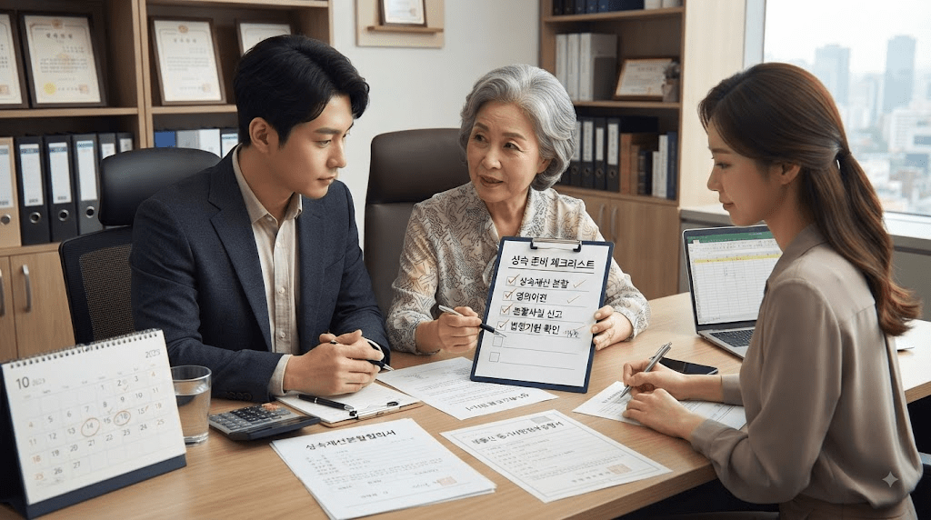 상담사와 신청 서류를 확인하는 부부