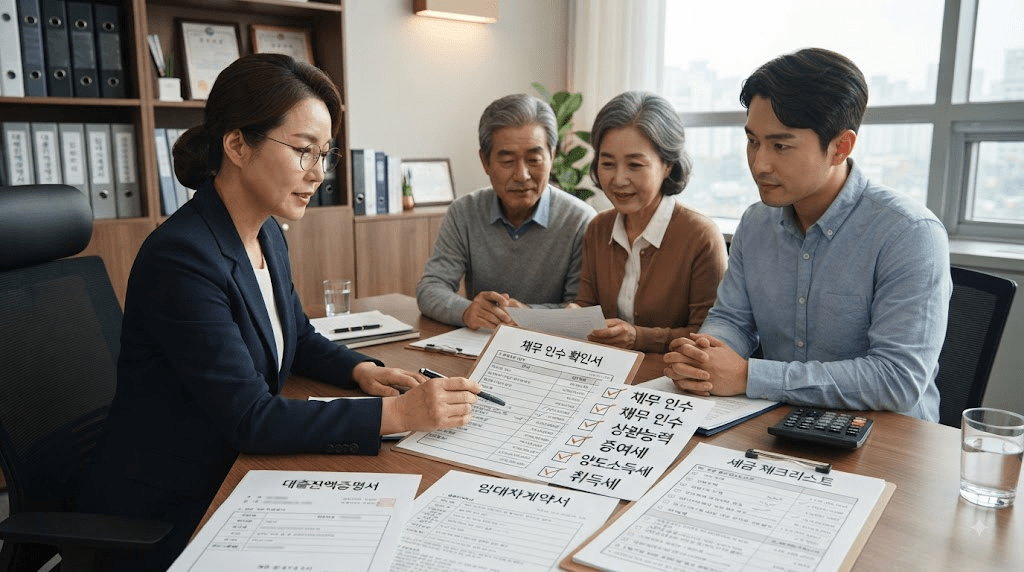 가족과 함께 창구에서 상담하는 사람들