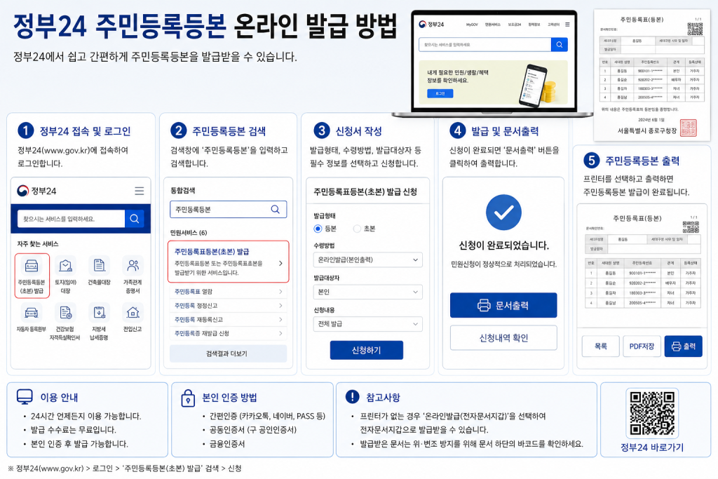 정부24 주민등록등본 발급 방법 인포그래픽