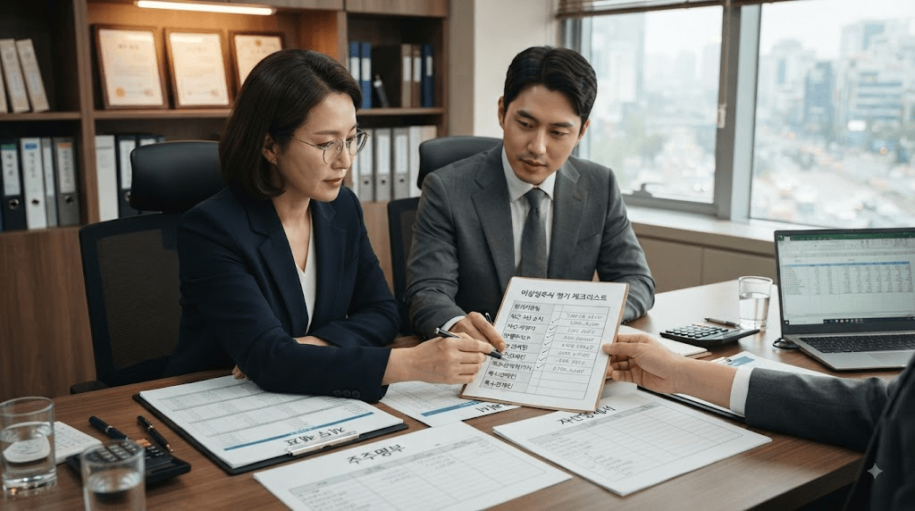 상담 창구에서 서류를 함께 검토하는 두 사람