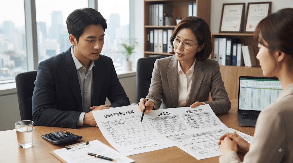 회의 자리에서 자료를 검토하는 사람들
