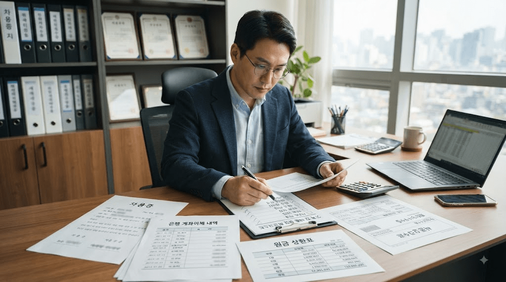 노트북 또는 컴퓨터 화면과 서류를 확인하는 남성