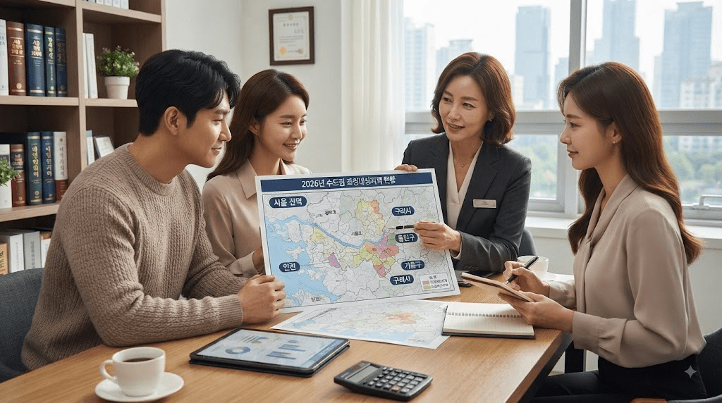 상담사와 신청 서류를 확인하는 부부