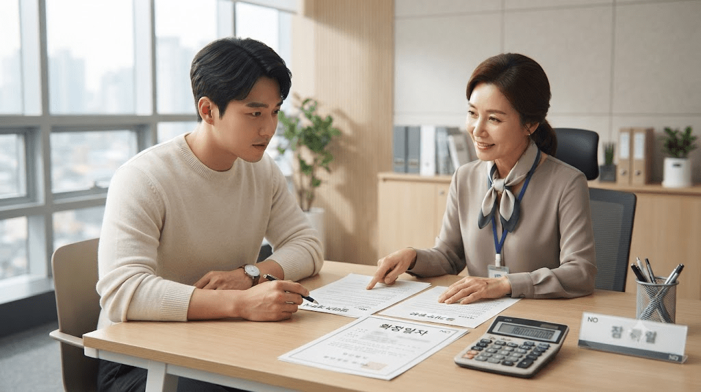 서류와 계산기를 두고 상담하는 두 사람