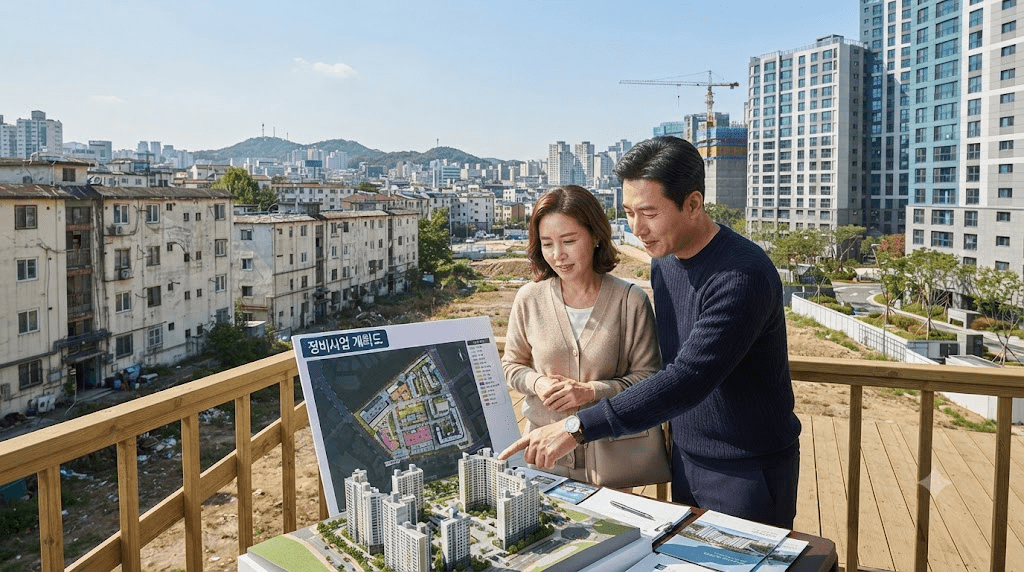 발코니에서 주택 모형과 자료를 보는 두 사람