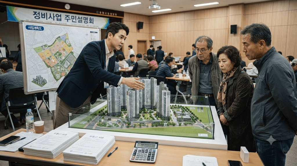 주택 모형을 두고 부동산 상담을 받는 가족