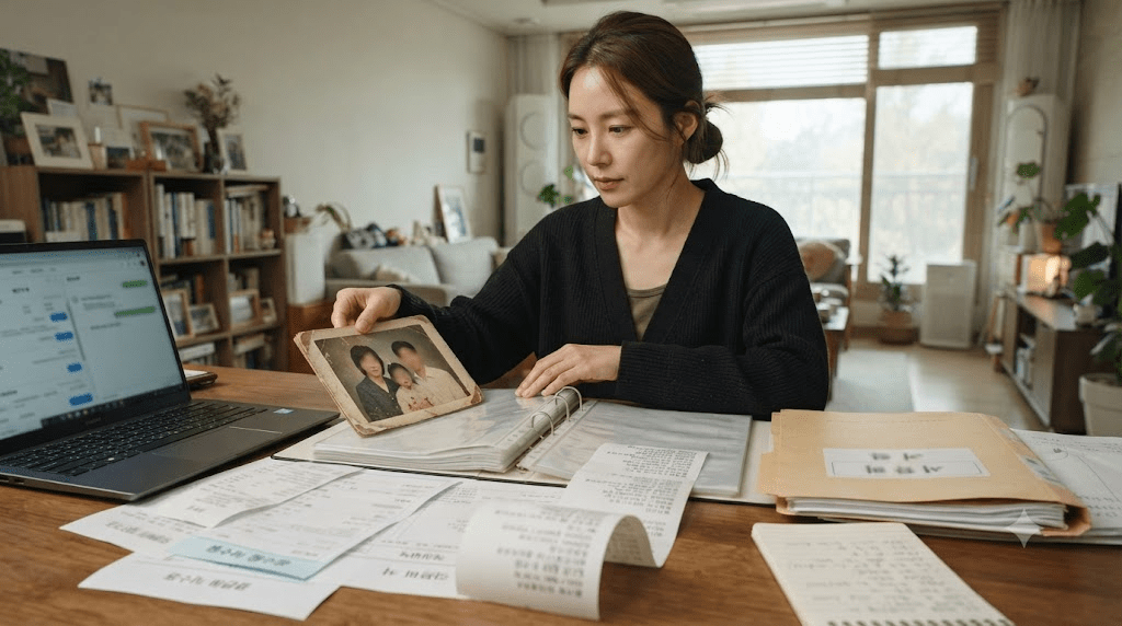 서류와 사진 자료를 확인하는 여성