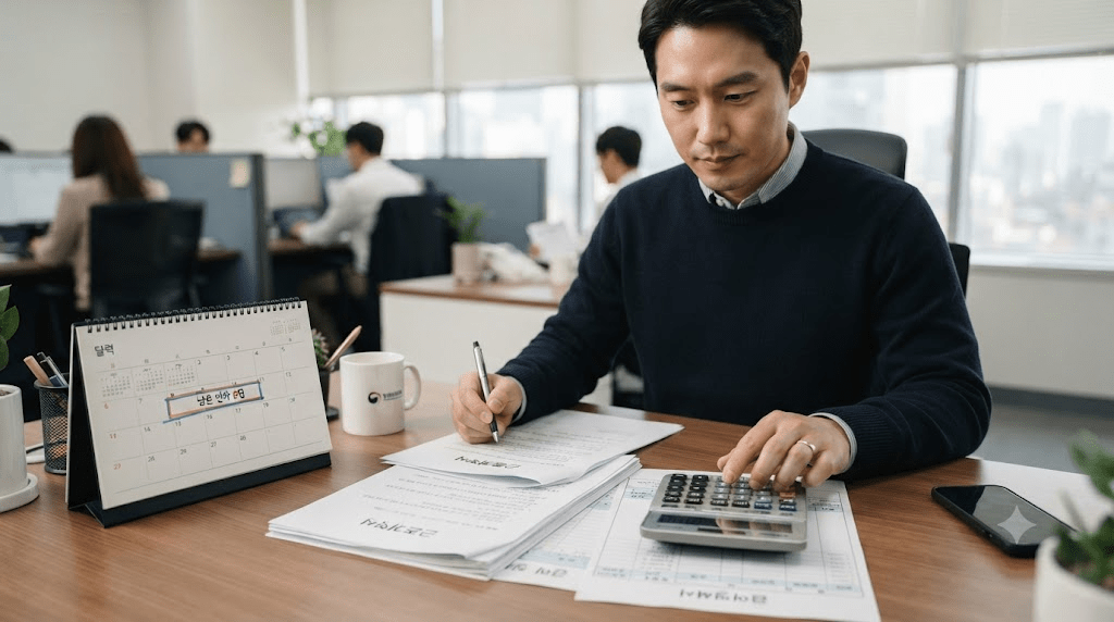 노트북 옆에서 계산기를 사용하는 남성