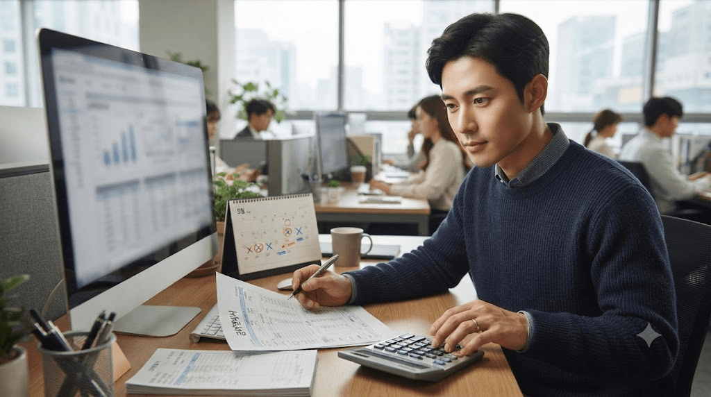 컴퓨터와 서류를 살펴보는 남성