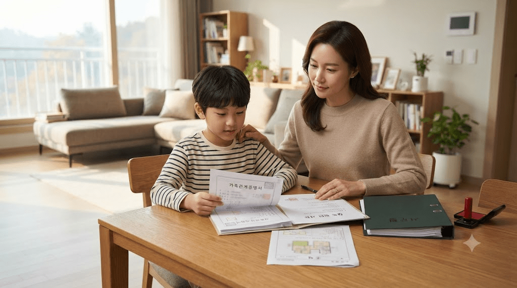 식탁에서 서류를 함께 보는 아이와 어머니