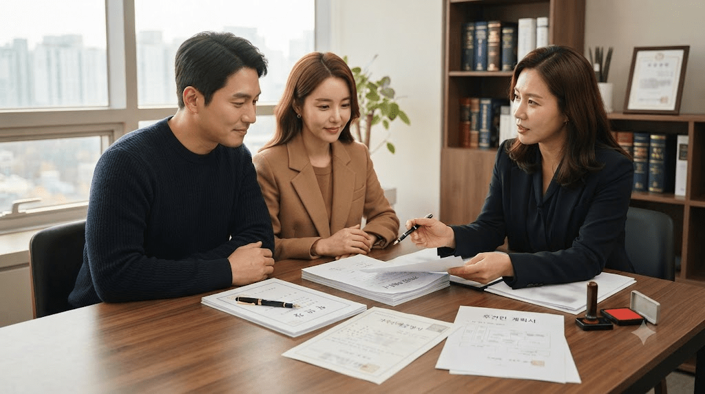 상담사와 신청 서류를 확인하는 부부