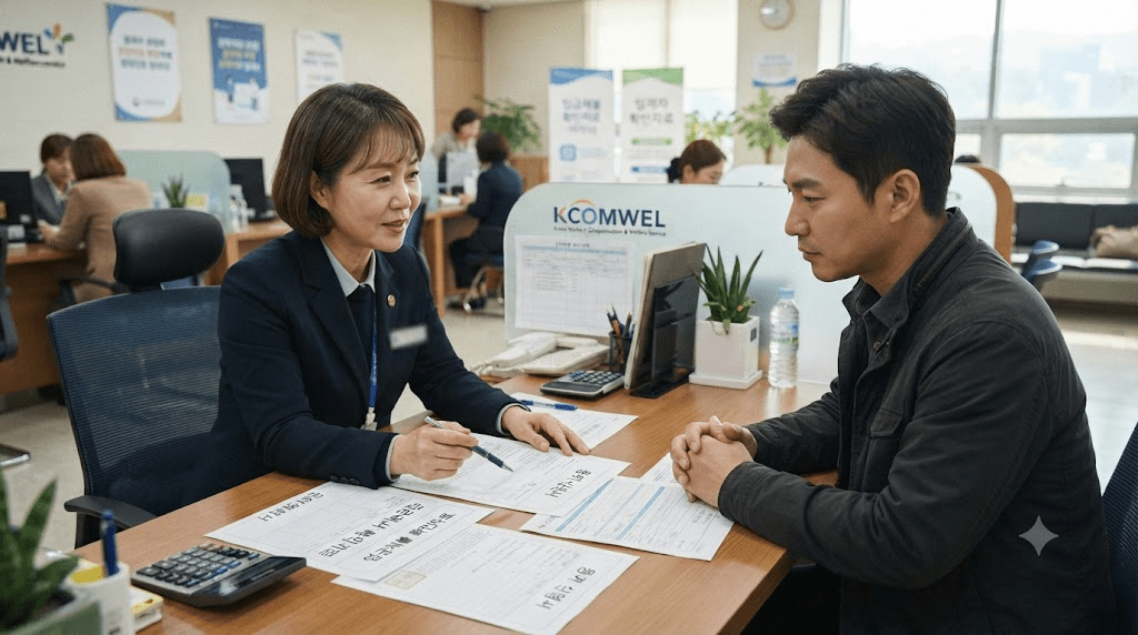 상담 창구에서 서류를 함께 검토하는 두 사람