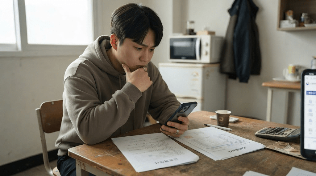 휴대전화 화면을 보며 생각하는 남성