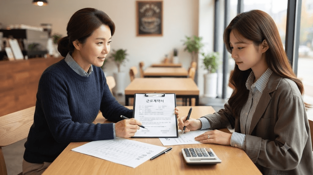 안내 자료를 두고 상담하는 두 여성