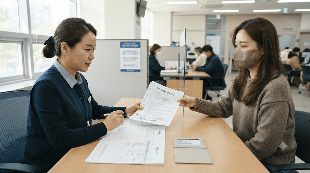 은행 창구에서 신청 서류를 상담하는 여성