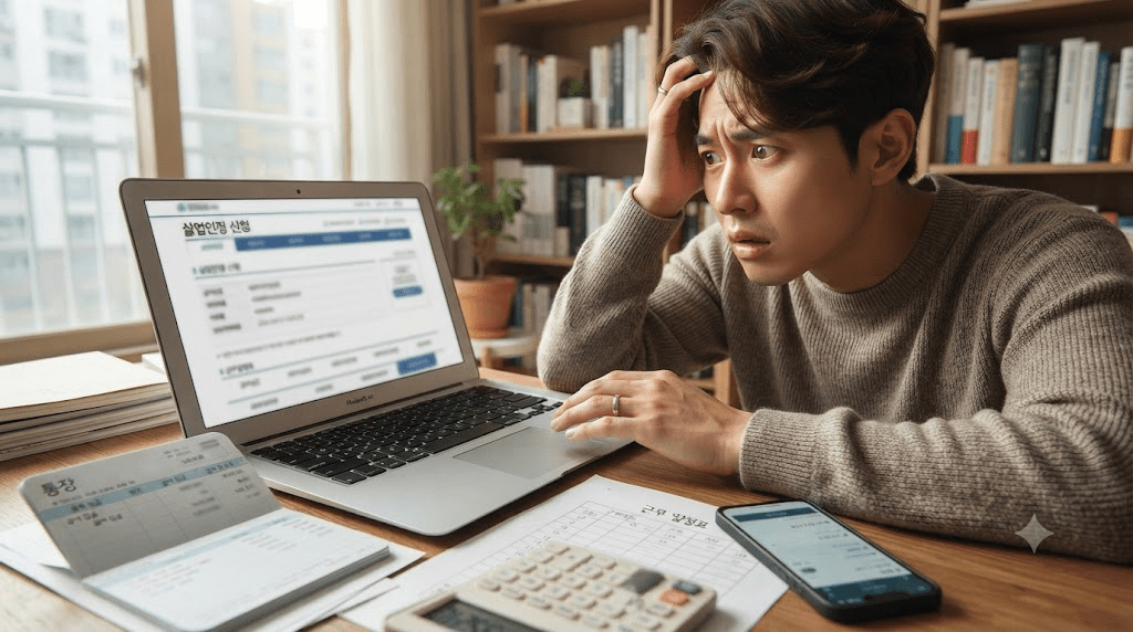 노트북 화면을 보며 머리를 짚는 남성