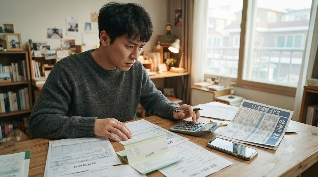 책상에 펼친 서류를 검토하는 남성