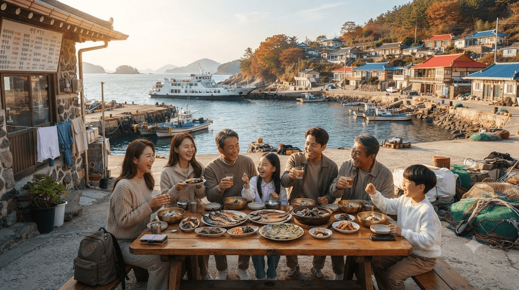 항구 마을에서 음식을 나누는 여행객들