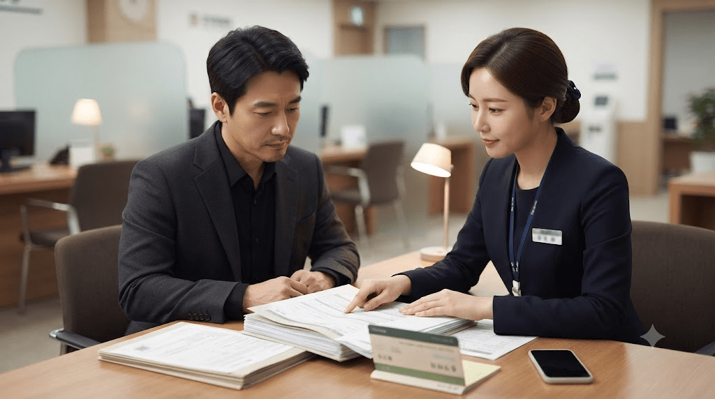 상담 창구에서 서류를 확인하는 남성과 상담사