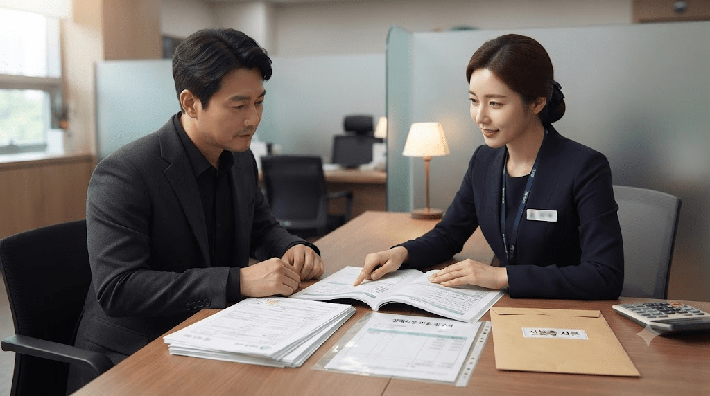은행 상담사와 서류를 검토하는 남성