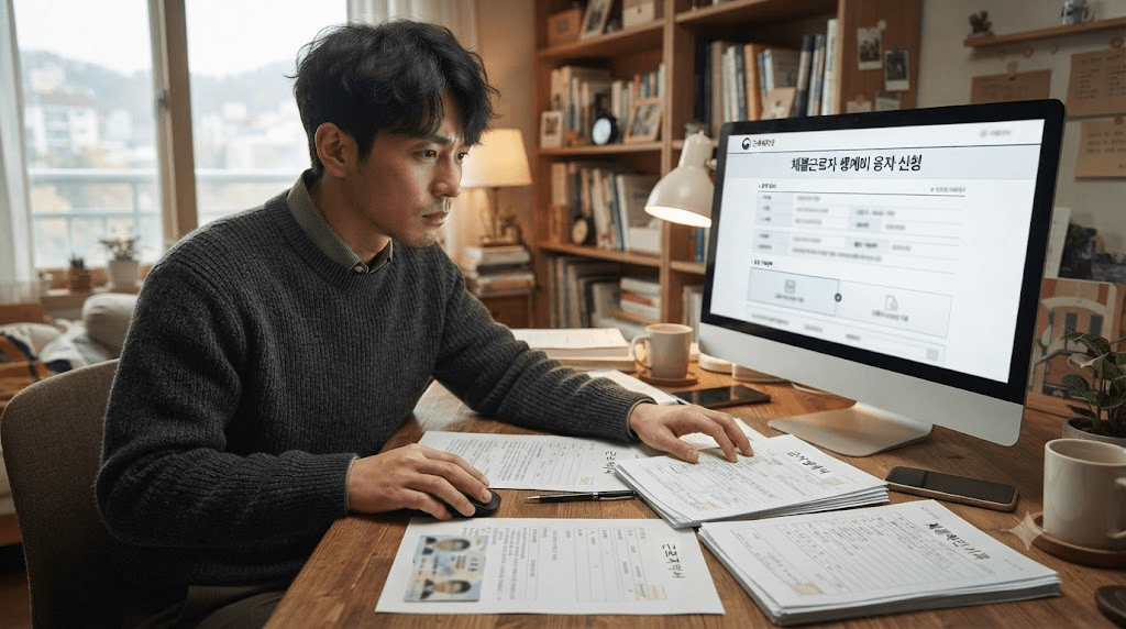 노트북 또는 컴퓨터 화면과 서류를 확인하는 남성