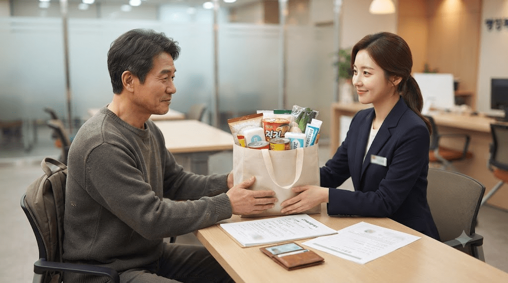 식료품 꾸러미와 서류를 두고 상담하는 남성