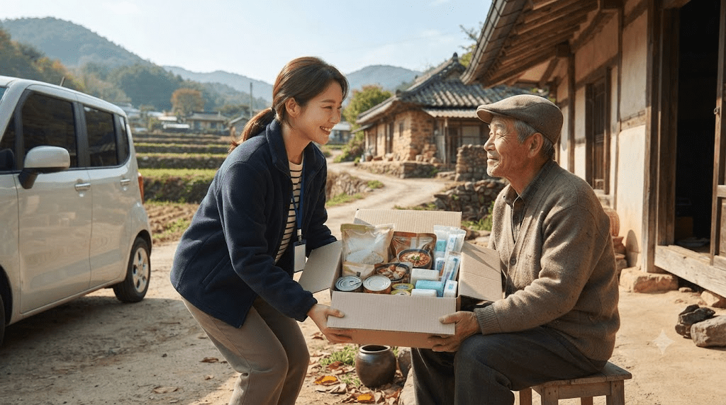 집 앞에서 식료품 상자를 받는 어르신