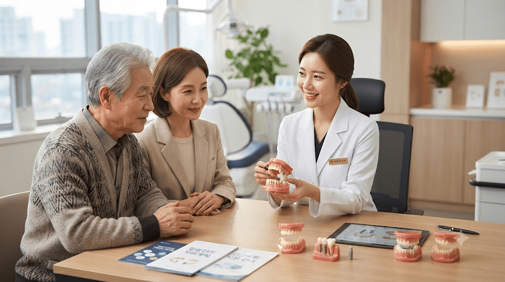 병원에서 안내 자료를 보며 상담하는 가족