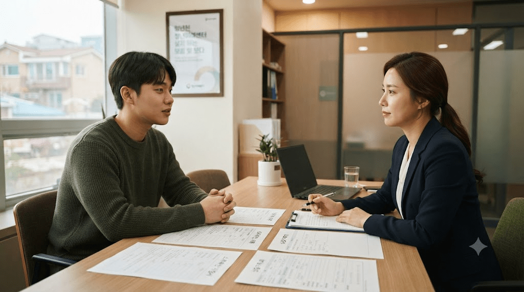 상담 창구에서 서류를 함께 검토하는 두 사람