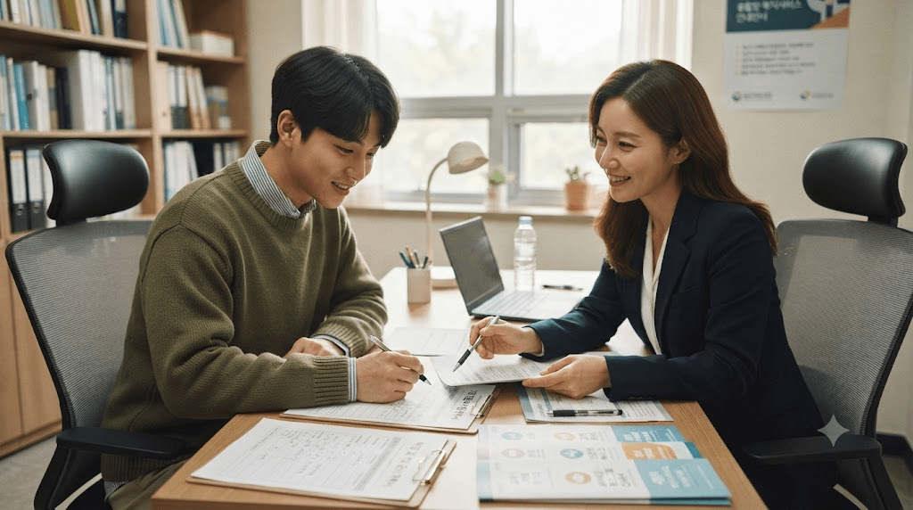 상담 창구에서 서류를 함께 검토하는 두 사람