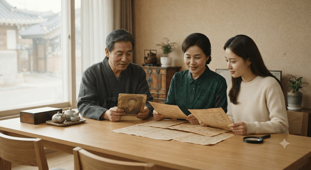 서류를 함께 확인하는 가족 세 사람
