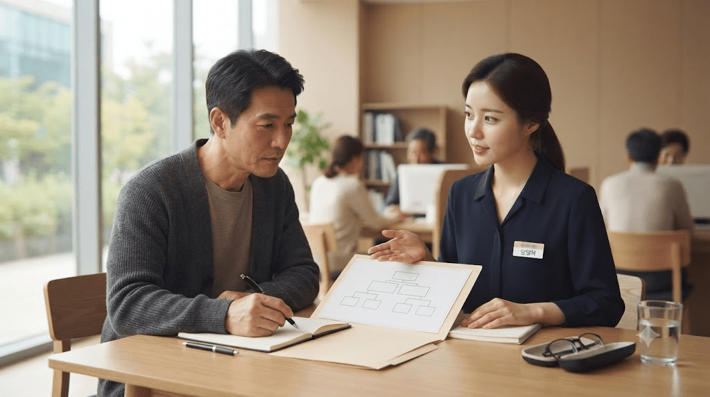 상담사와 서류를 검토하는 남성