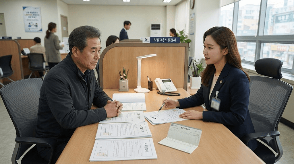 상담 창구에서 서류를 함께 검토하는 두 사람