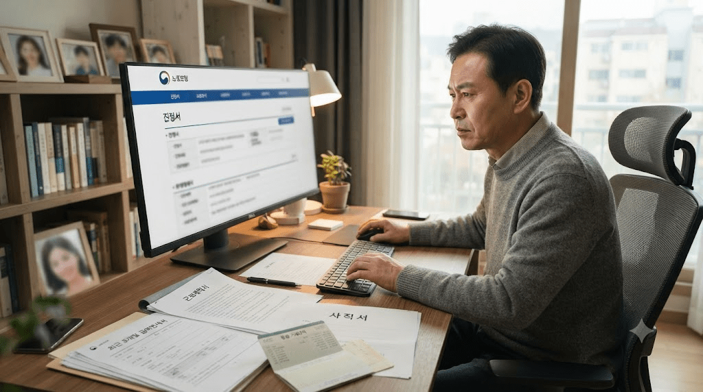 노트북 또는 컴퓨터 화면과 서류를 확인하는 남성