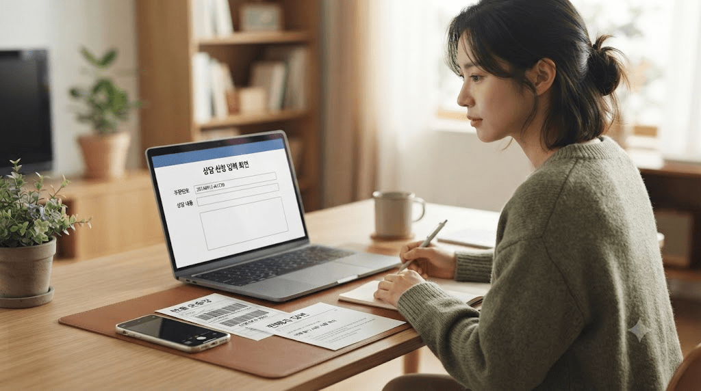 노트북 화면과 서류를 확인하는 여성