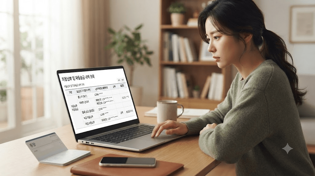 노트북 화면을 가리키며 확인하는 여성