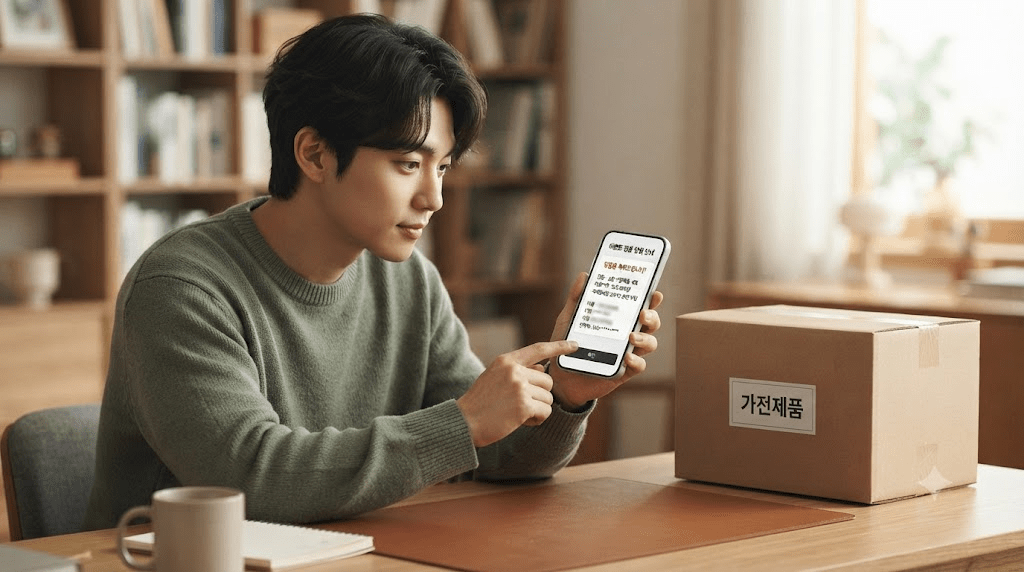 휴대전화 화면을 확인하는 남성과 탁자 위 상자