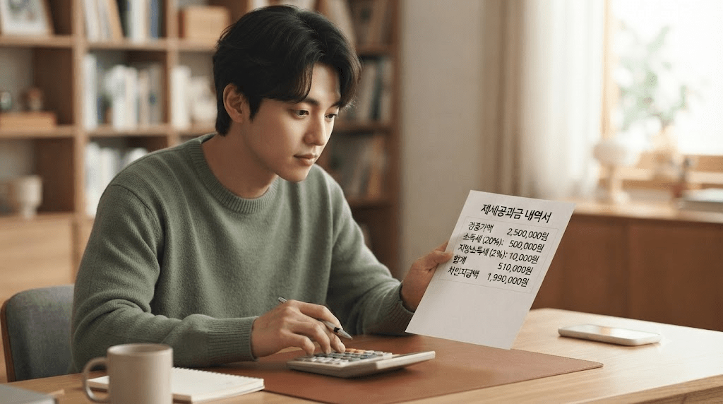 안내문을 읽으며 노트북을 사용하는 남성