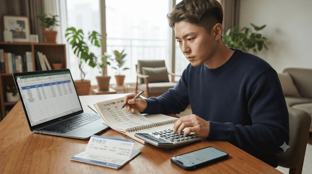 노트북 옆에서 서류와 계산기를 사용하는 남성