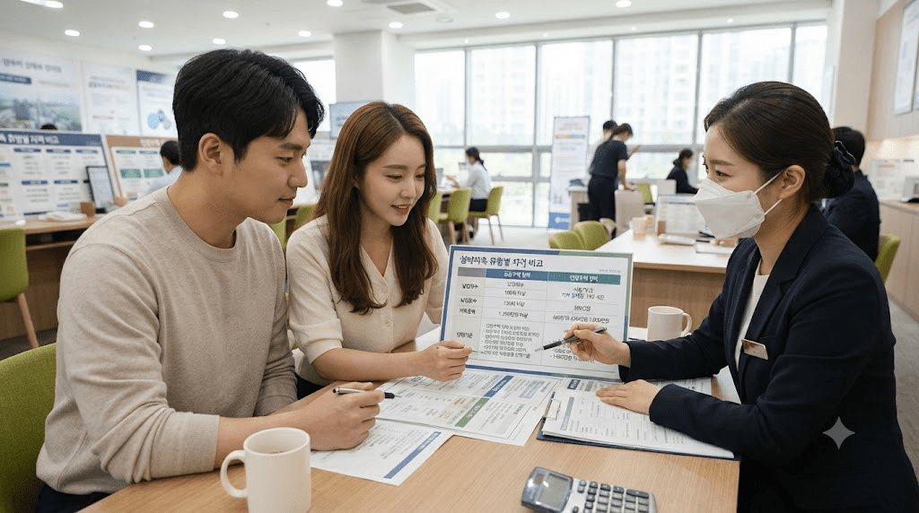 은행 상담사와 상담하는 부부