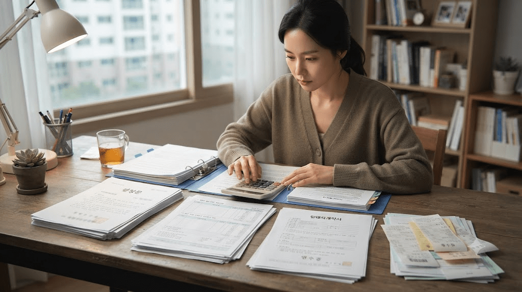 여러 서류를 펼쳐 작성하는 여성