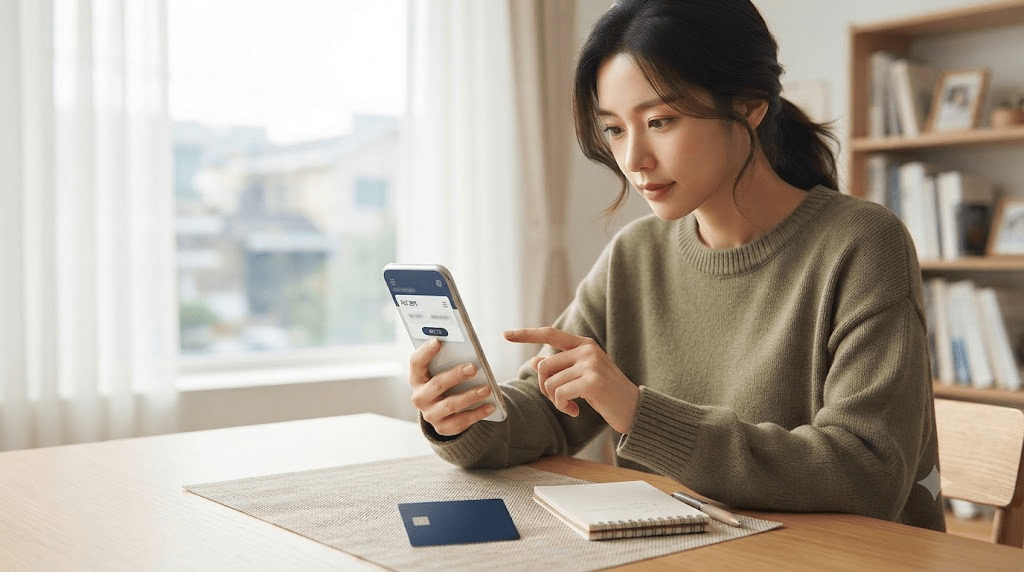 휴대전화 화면을 확인하는 여성